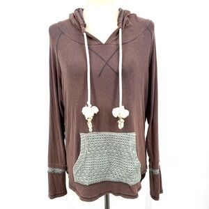 POL Womens Top S Boho Hippie Festival‎ Brown Hoodie Blue Crochet Pocket Tassels